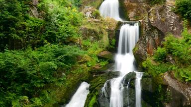 Uma cascata em vários níveis, rodeada por vegetação verde exuberante.