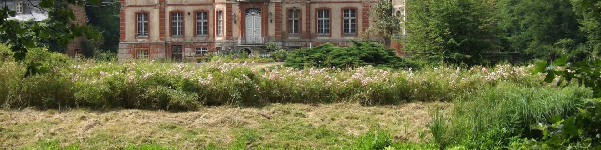 Un edificio grande e histórico con fachada simétrica, rodeado de exuberante vegetación y un estanque tranquilo que refleja su imagen.