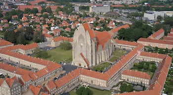 A cathedral with a tall spire, surrounded by residential buildings with red roofs.