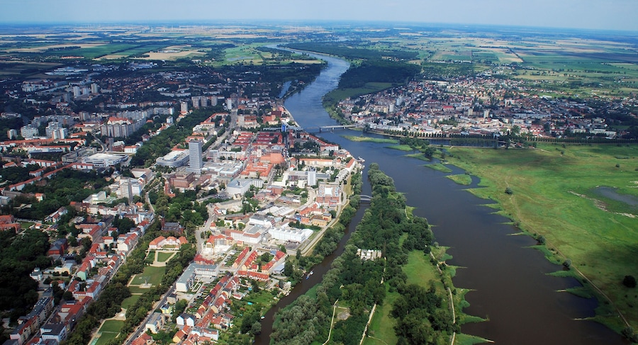 Aerial view of Frankfurt (Oder) and Słubice