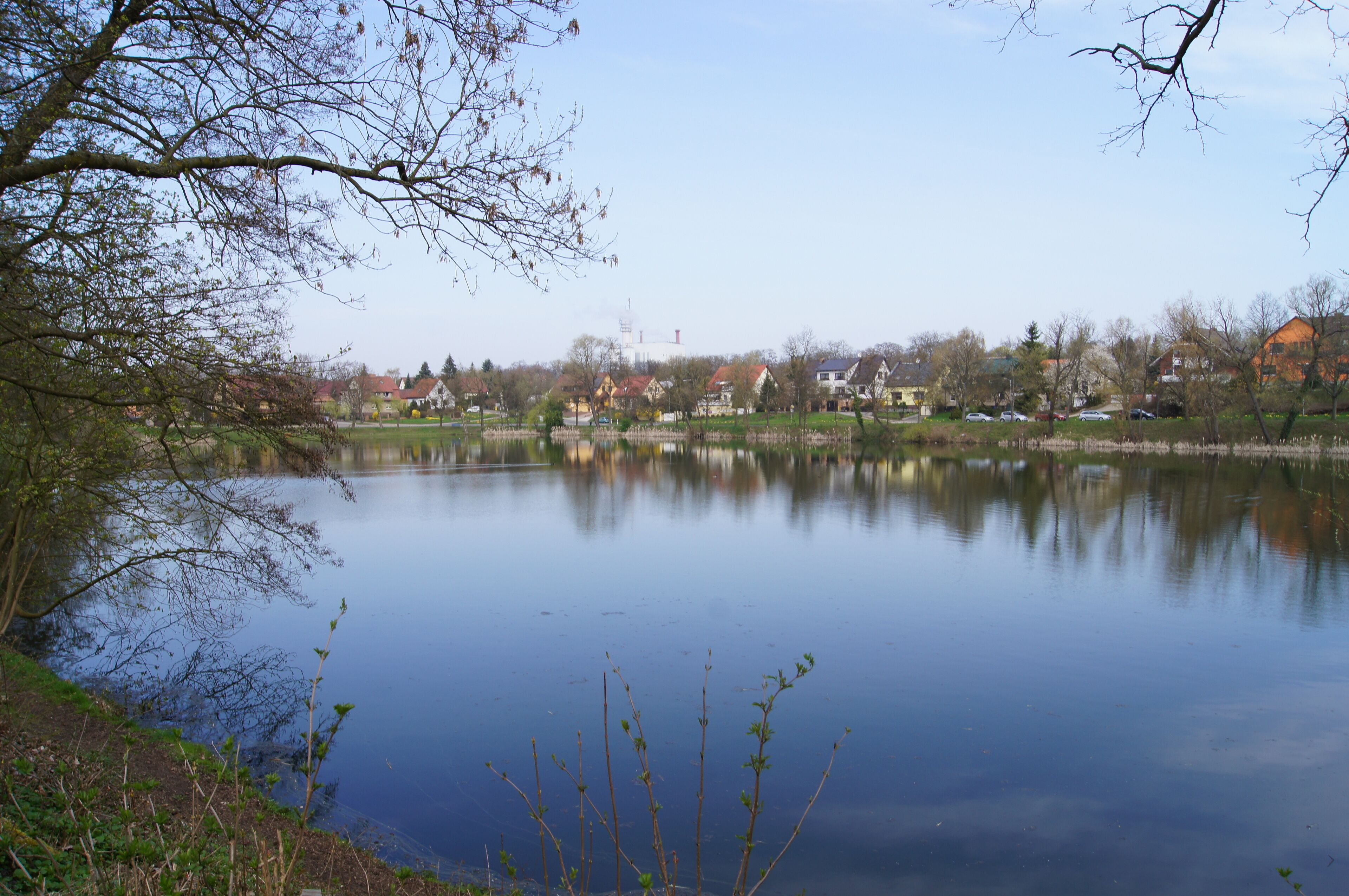 A calm lake with reflections of houses and trees, surrounded by greenery and a clear sky.
