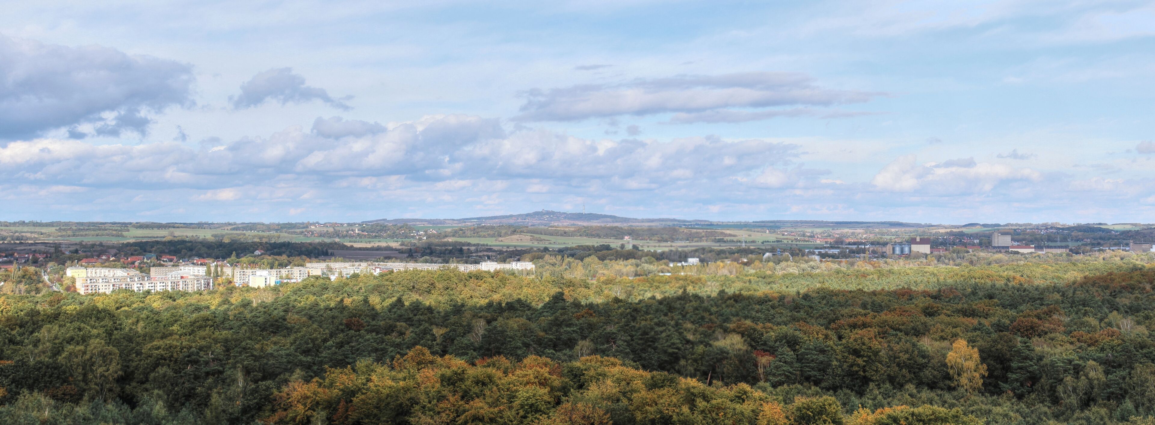 A cityscape with a forested hill in the foreground and a distant mountain range under a partly cloudy sky.