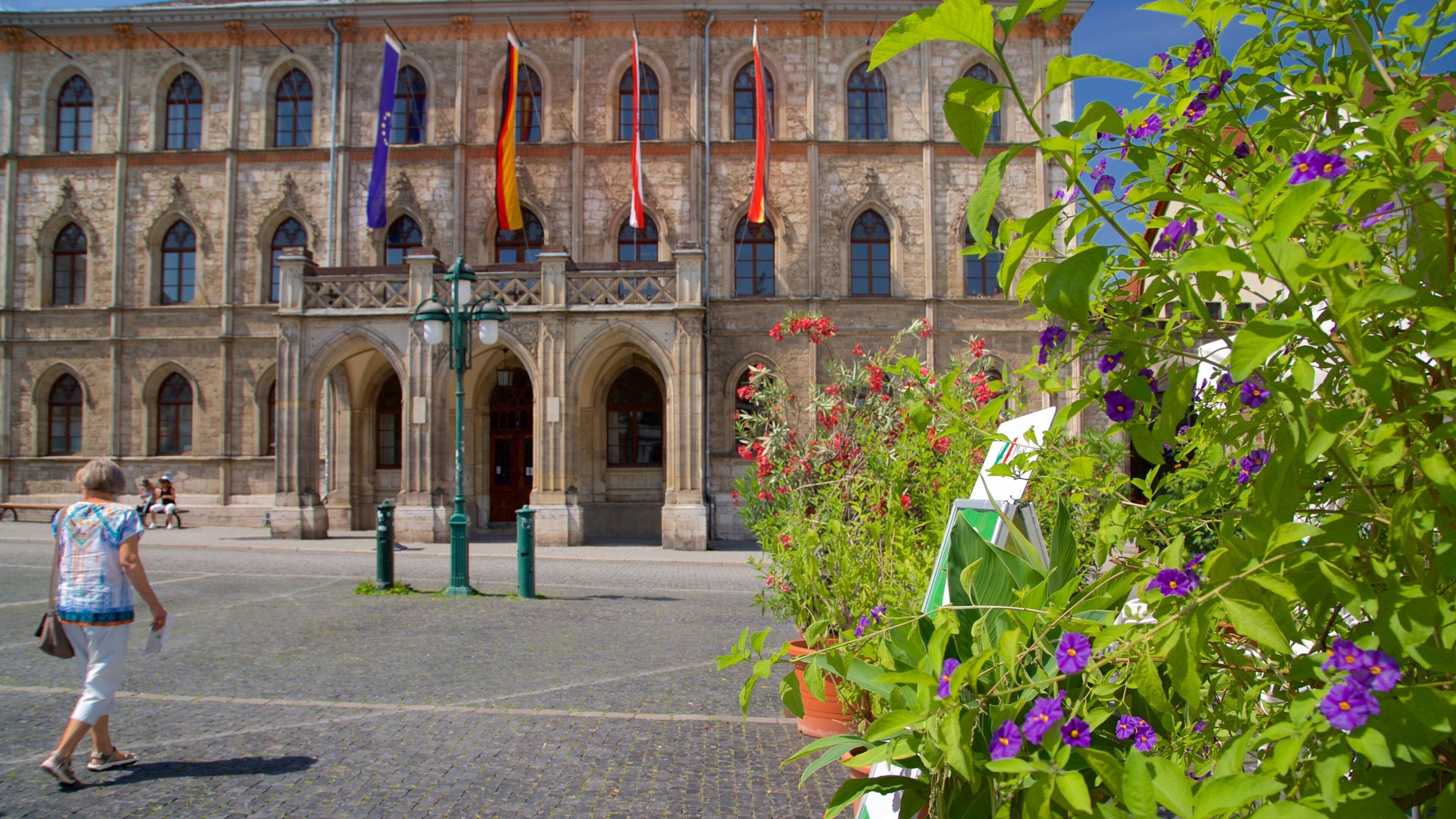 A historic building with arched windows and flags, a cobblestone plaza, and blooming flowers.