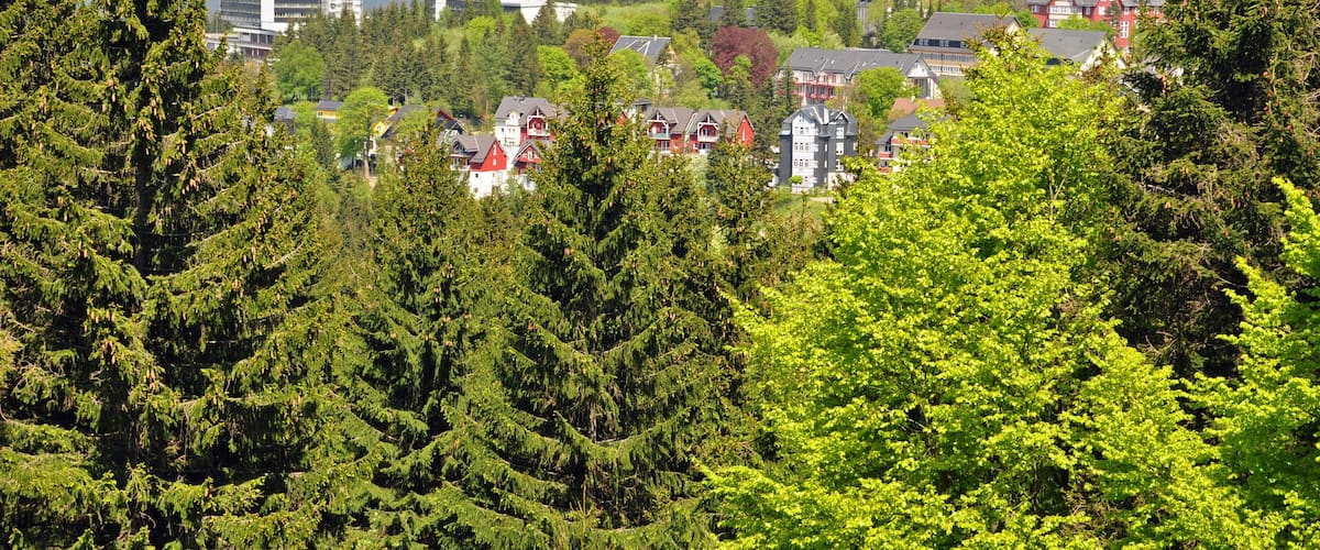 A town with red-roofed houses, a modern building, and dense green trees.