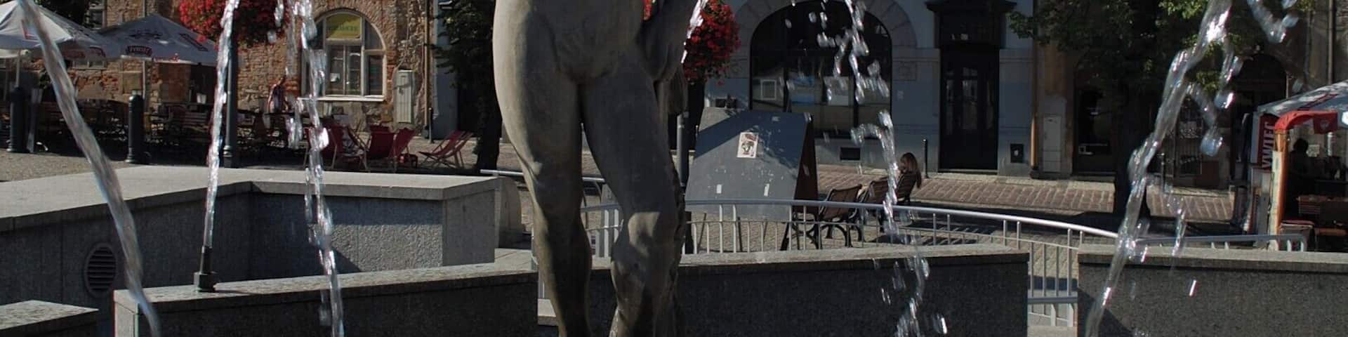 Poseidon Statue in the main square of Bielsko-Biala, a small city around 50 km south of Katowice.
The main square is very pleasant on a warm day, with its numerous bars and restaurants.
