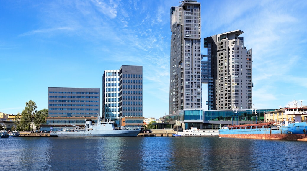 Ships moored at the wharf in the port of Gdynia, Poland.