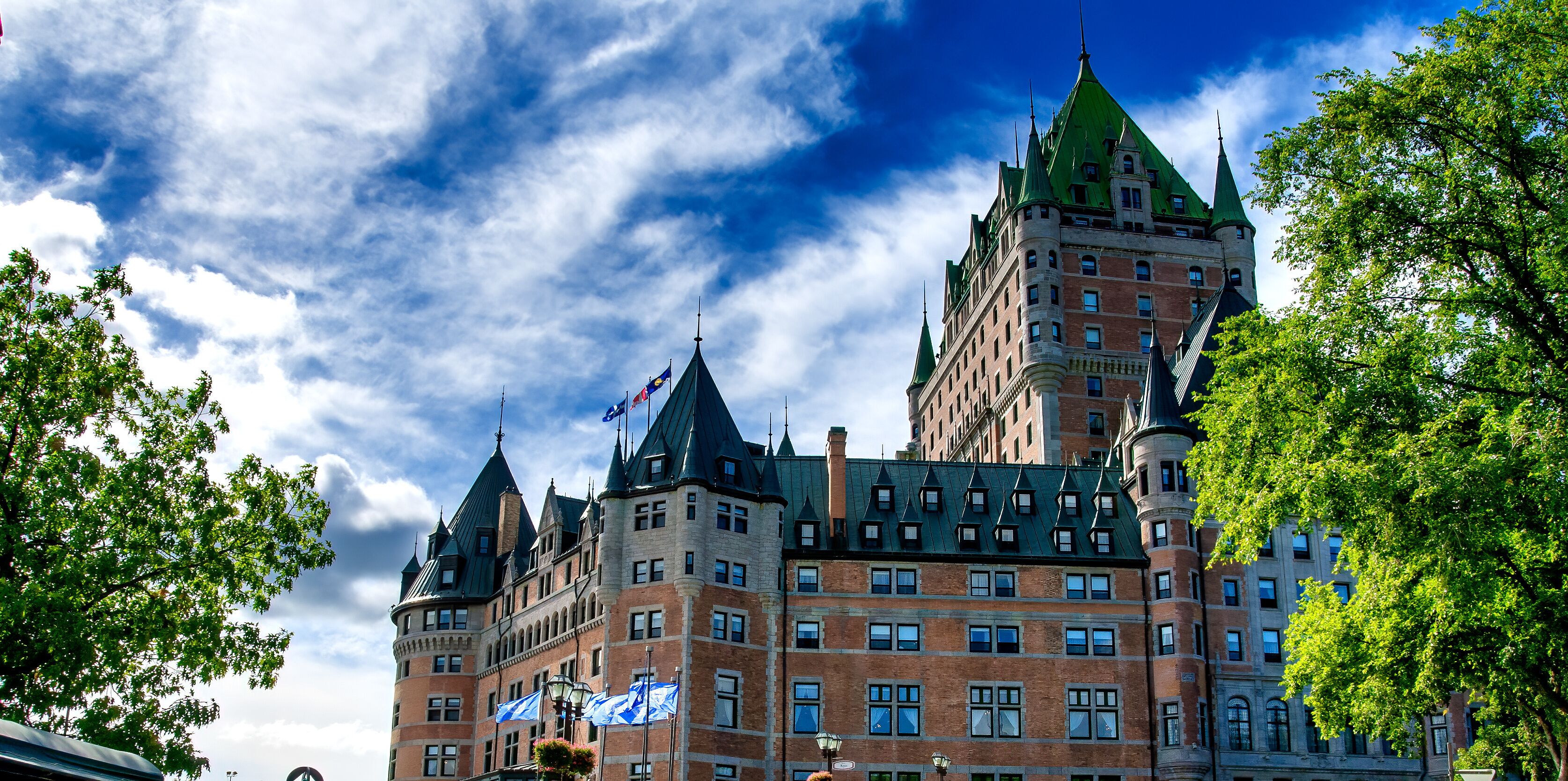 Amazing view of Chateau Frontenac in Quebec City, Canada. Majestic facade on a beautiful summer day