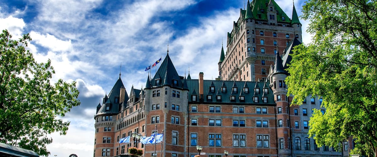 Amazing view of Chateau Frontenac in Quebec City, Canada. Majestic facade on a beautiful summer day