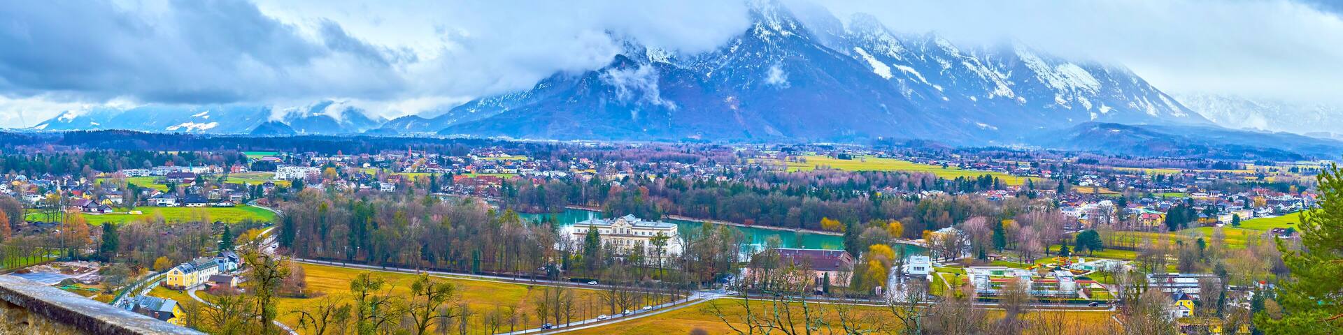 Panorama of Riedenburg district with mountain range on background, Salzburg, Austria