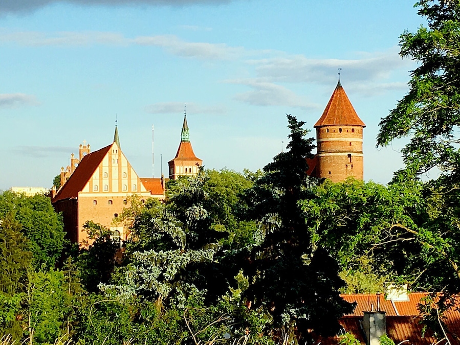 A historic castle with multiple towers and a prominent red-roofed building surrounded by lush greenery.