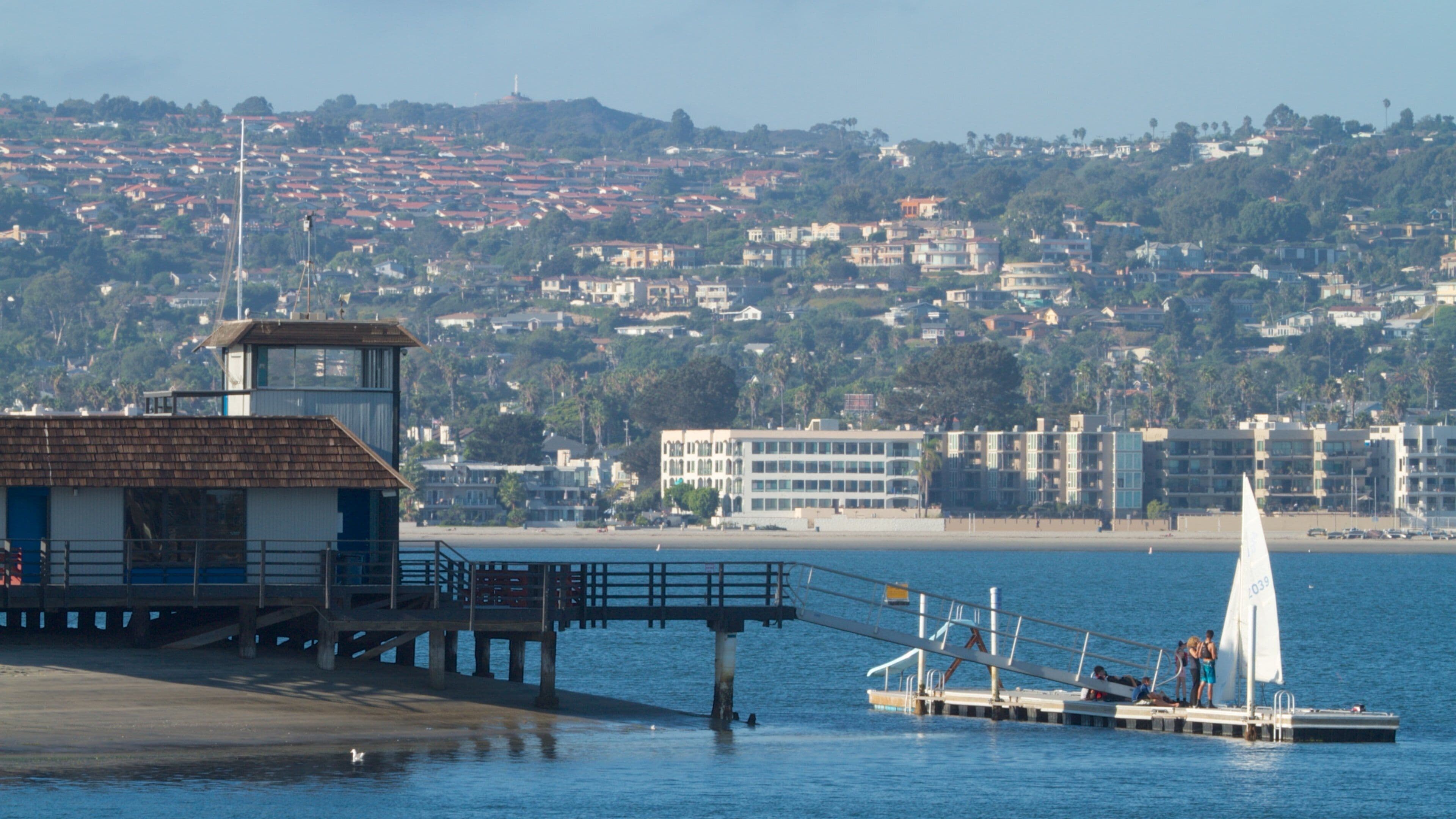 Mission Beach which includes skyline, a marina and sailing