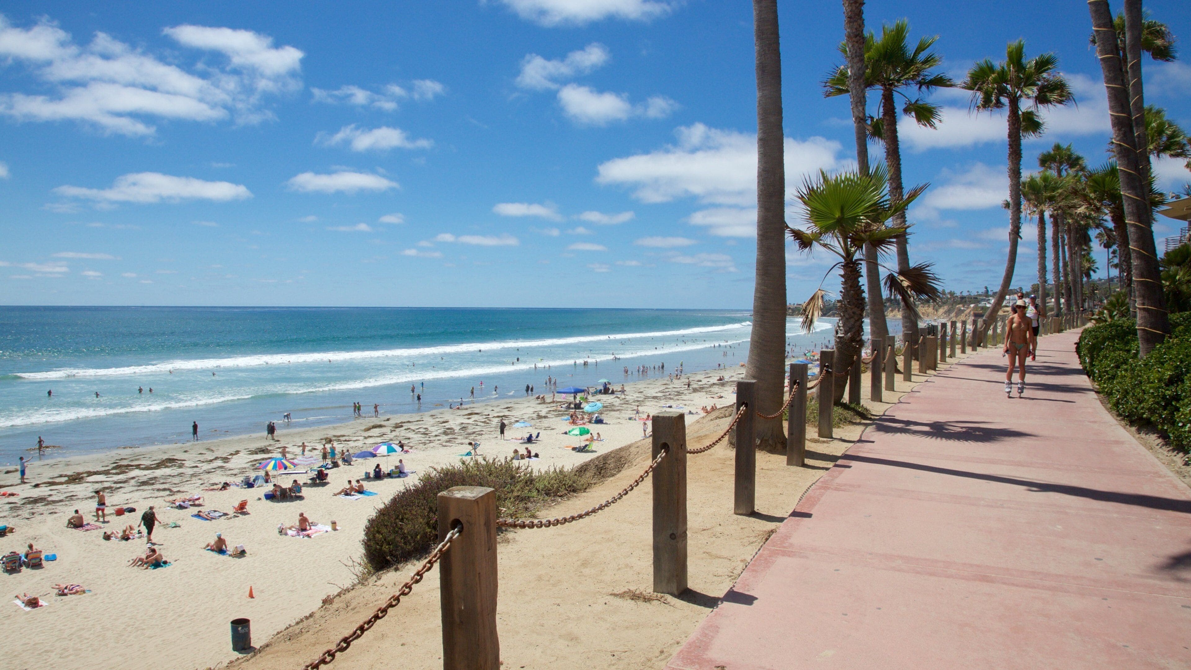 Ein Strand mit Palmen, badenden Personen und blauem Himmel.