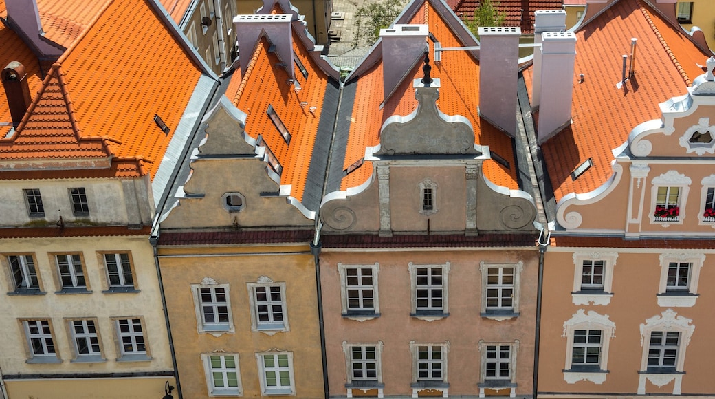 Panorama from the main building in the town of Opole. Colorful houses and pavements, magnificent area. Historical architecture of Europe.