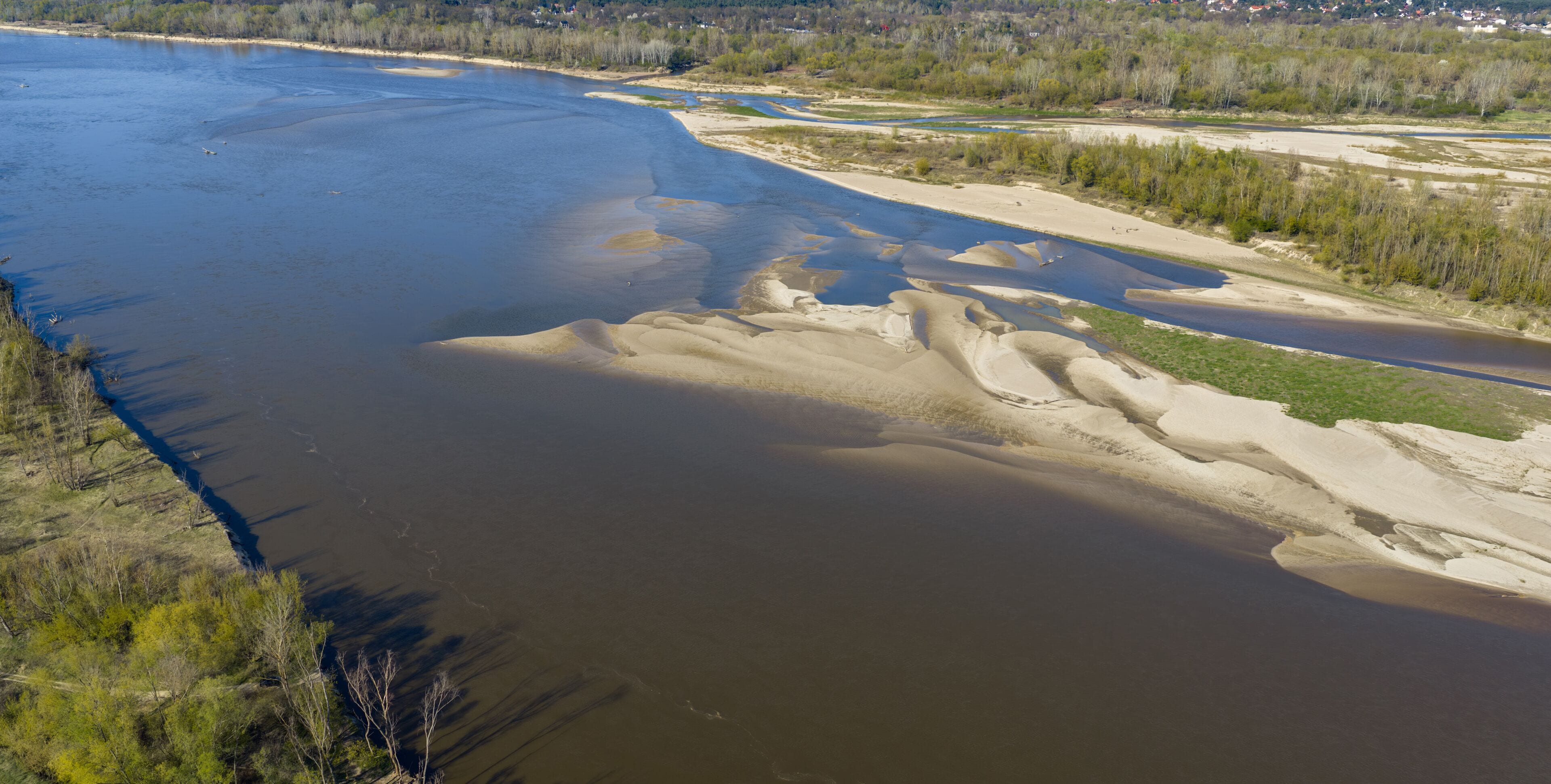 A river with sandy banks and a forested area in the background.
