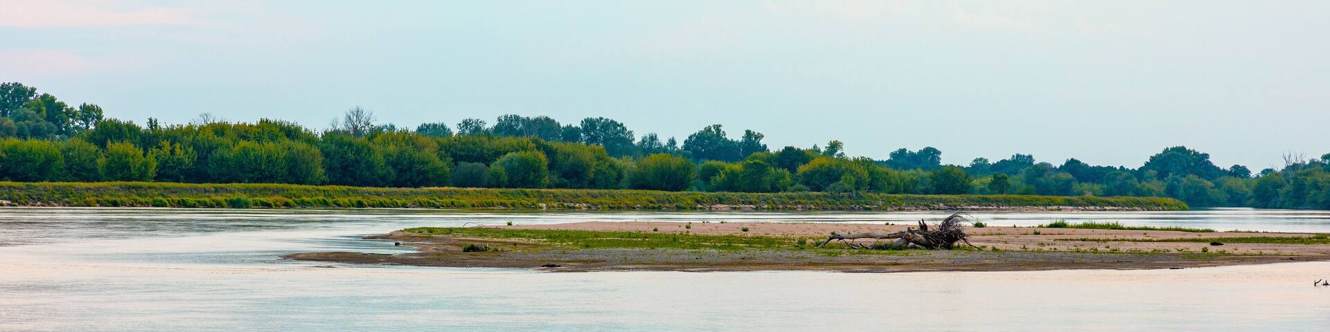Vistula river landscape at summer early evening with riverside with wild beaches and embankment near Czerwinsk village in Mazovia region of Poland