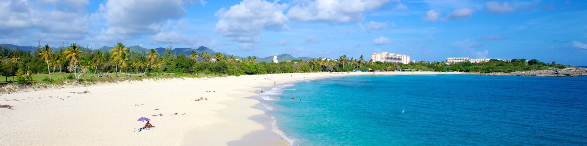 A beach with clear turquoise water, white sand, and palm trees. There are buildings in the background.