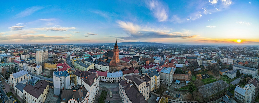 Tarnow Townscape, Historic City in Lesser Poland at Sunset. Aerial Drone View