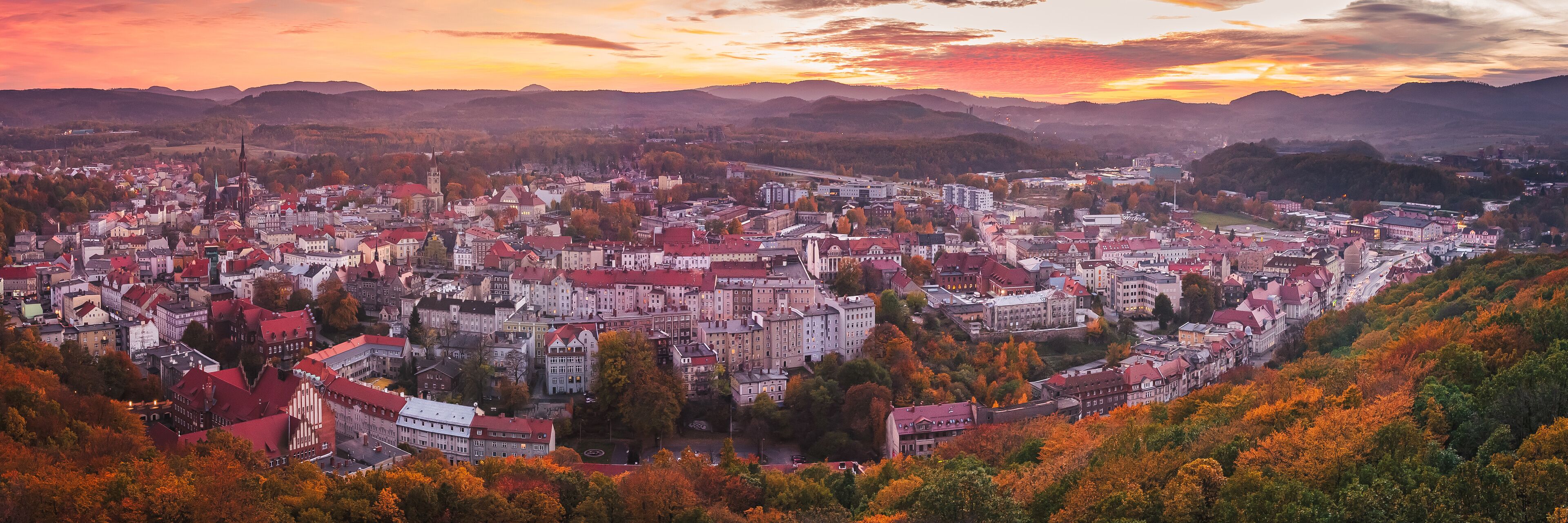 A cityscape with autumn foliage, historic buildings, and a river.