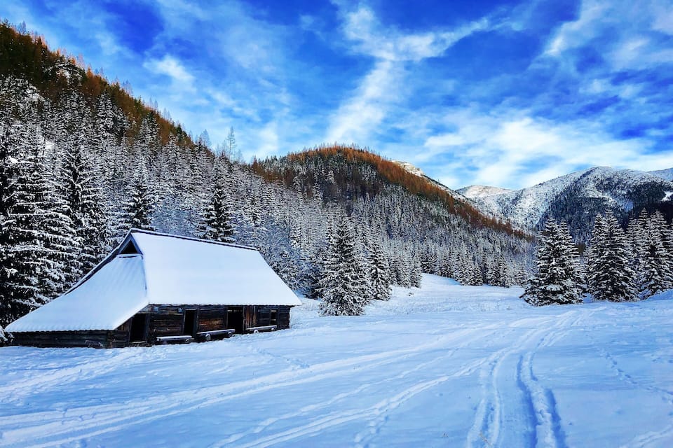 Ein mit Schnee bedecktes Blockhaus in einer bewaldeten Berglandschaft.