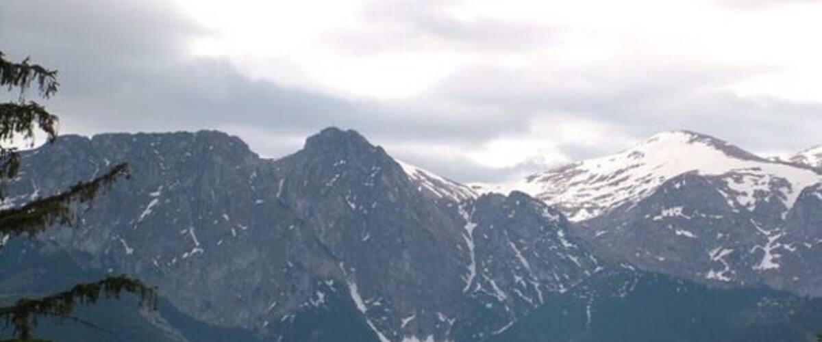 A mountain range with snow-capped peaks and dense forested valleys.