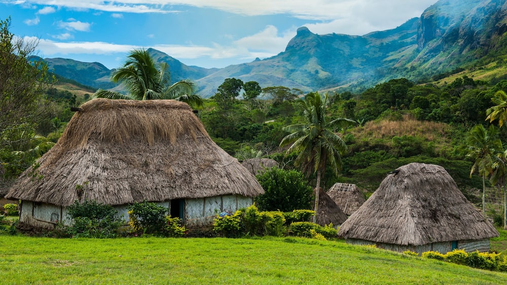 Traditional thatched roofed huts in Navala in the Ba Highlands of Viti Levu, Fiji, South Pacific
