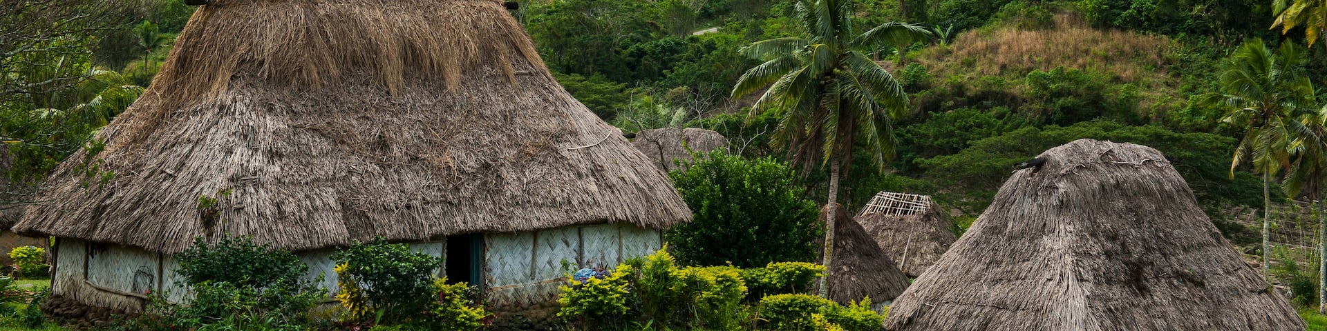 Traditional thatched roofed huts in Navala in the Ba Highlands of Viti Levu, Fiji, South Pacific