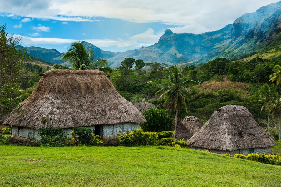Traditional thatched roofed huts in Navala in the Ba Highlands of Viti Levu, Fiji, South Pacific
