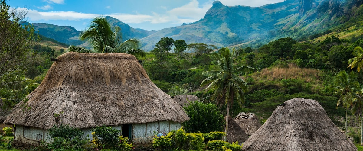 Traditional thatched roofed huts in Navala in the Ba Highlands of Viti Levu, Fiji, South Pacific