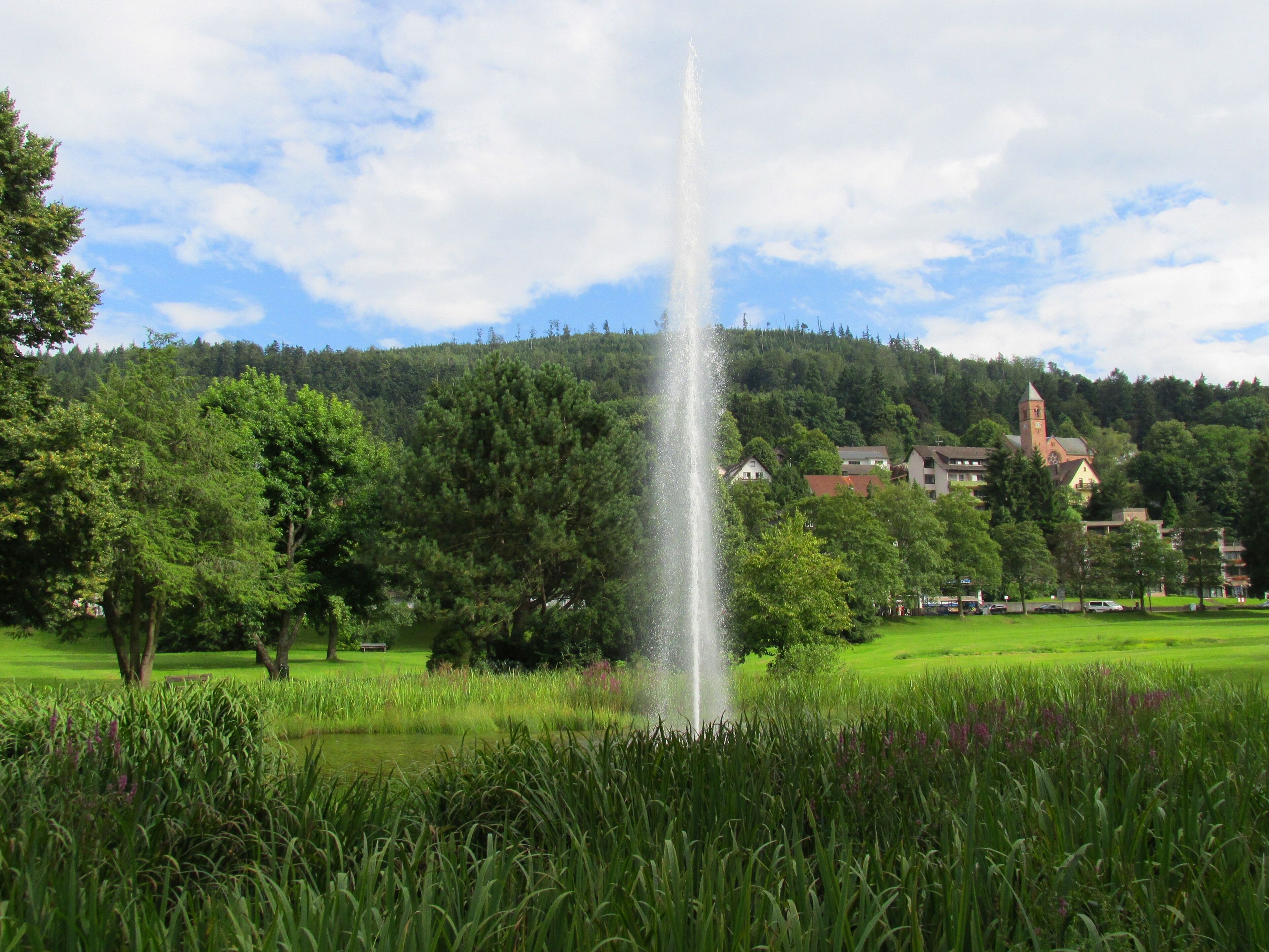 A fountain in a park with a church in the background.