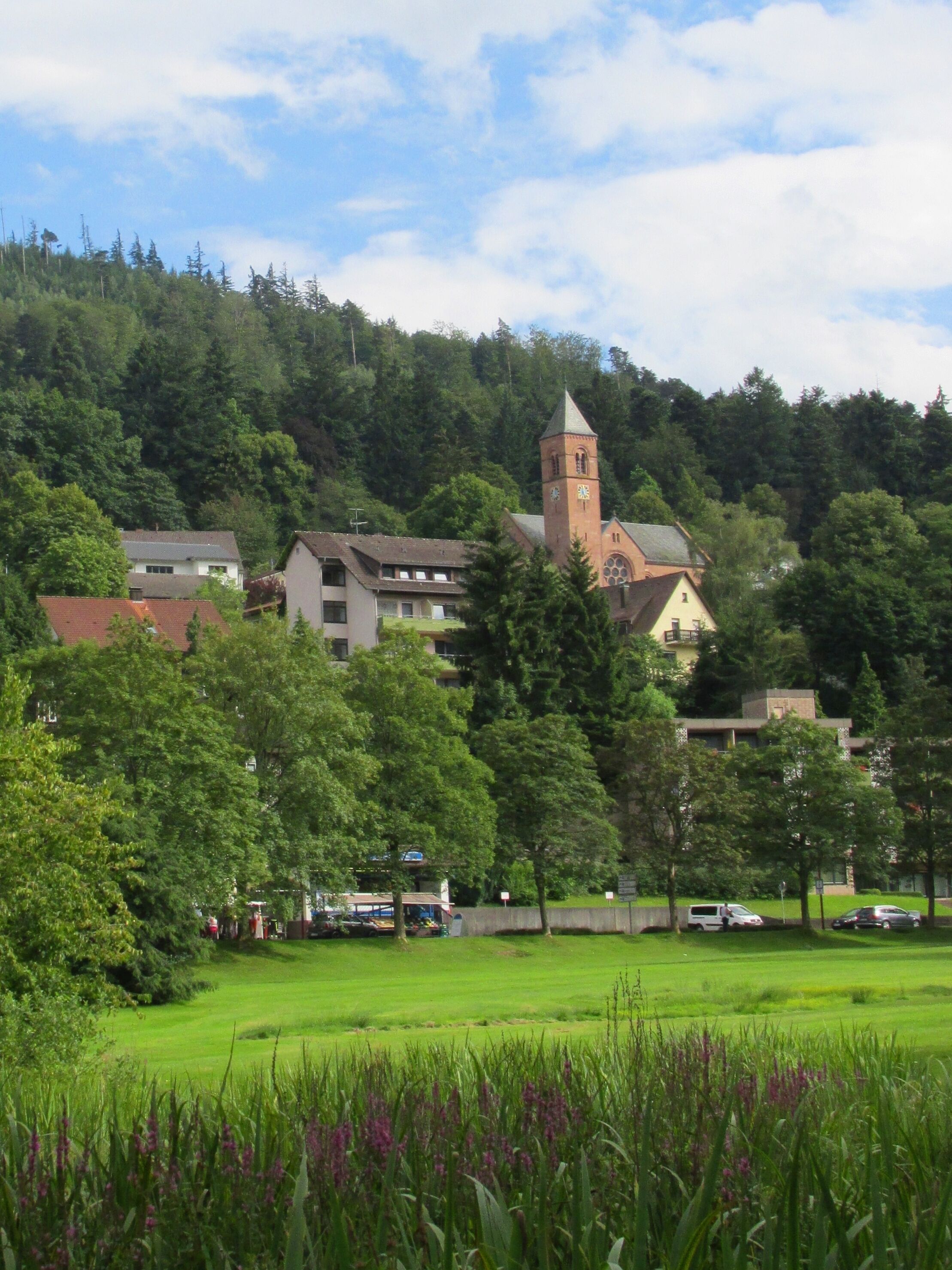 A church with a bell tower surrounded by lush greenery and residential buildings.
