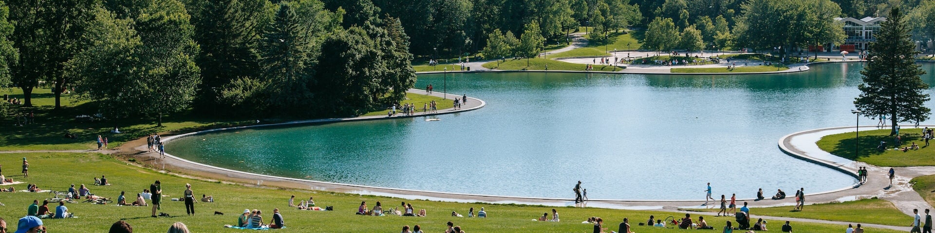 Mount Royal Park featuring a park and a pond as well as a small group of people