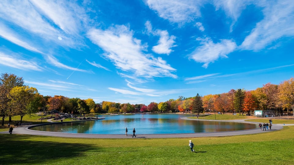 A park with a large pond, autumn-colored trees, and a clear blue sky.