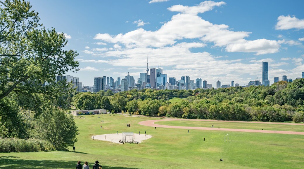 The skyline of downtown Toronto, Canada, with CN Tower in the spring from Riverdale Park East
