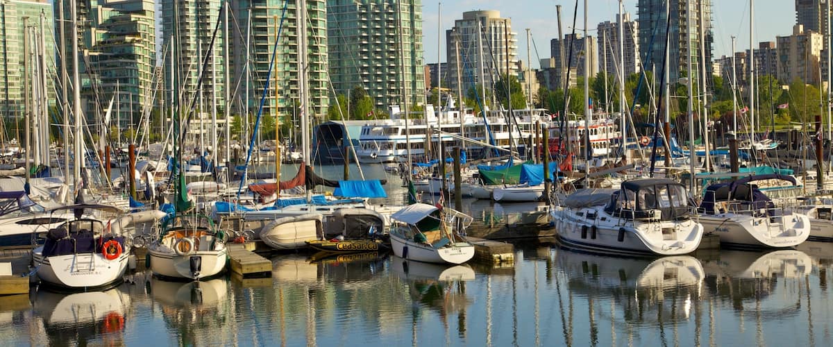 Scenic view of Stanley Park marina with boats and city skyline in Vancouver