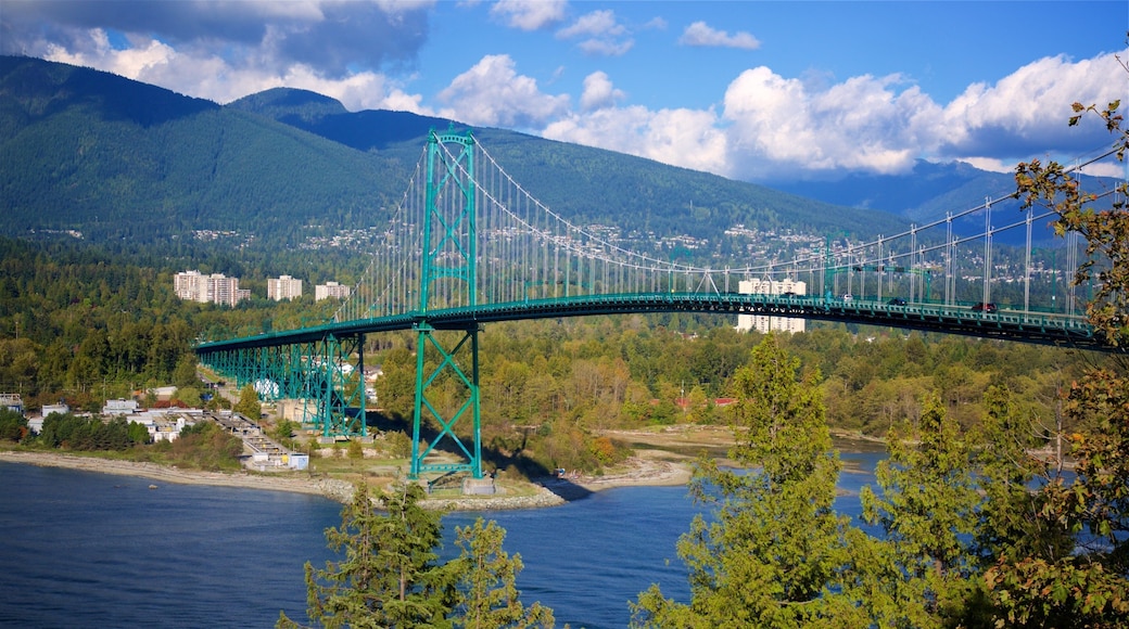 Stanley Park showing a garden, a bay or harbor and a bridge