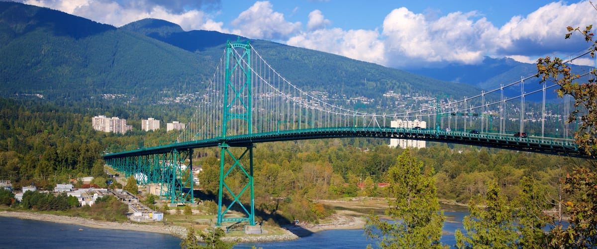 Stanley Park showing a garden, a bay or harbor and a bridge