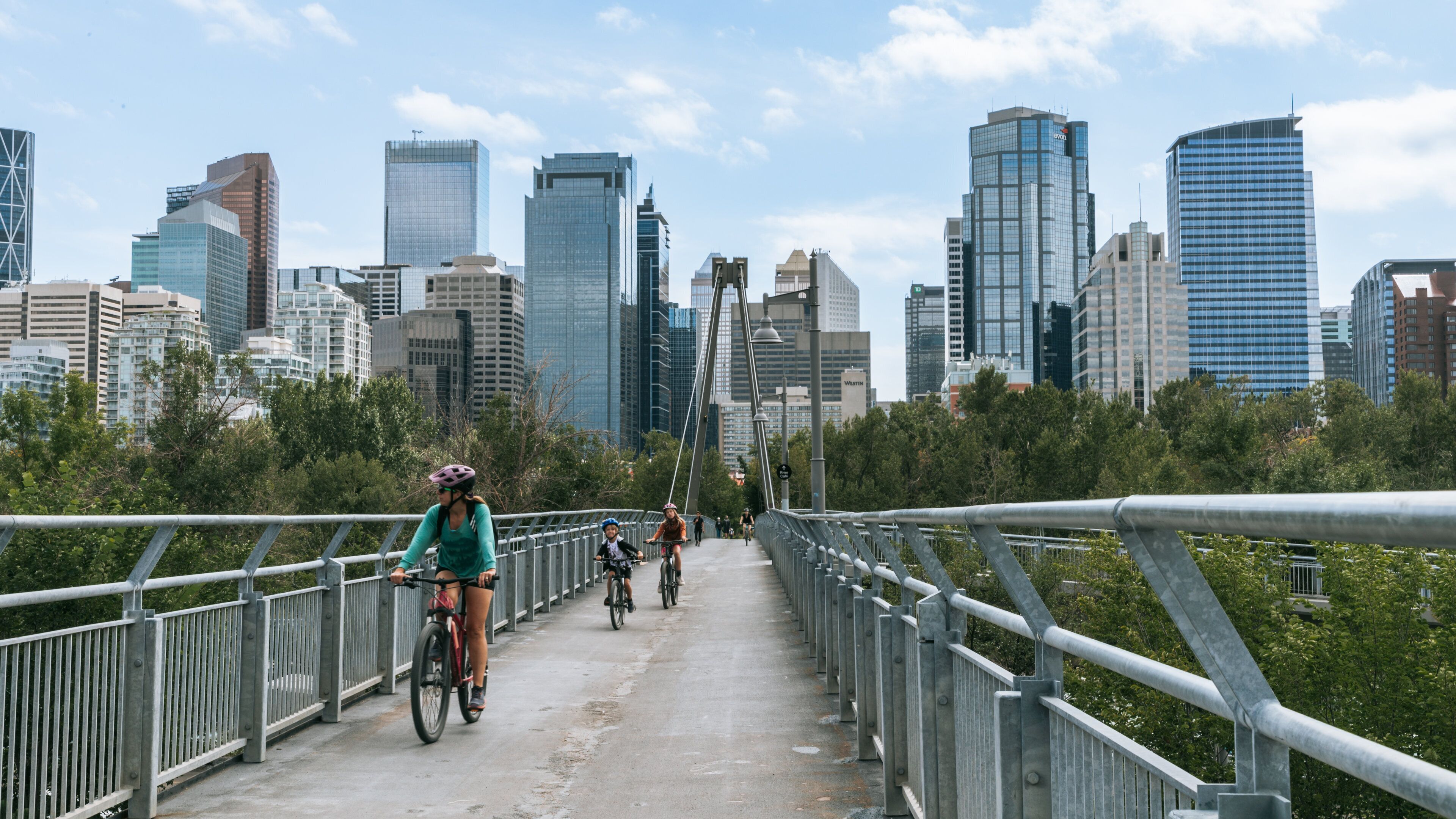 Prince\'s Island Park which includes cycling, a bridge and a city