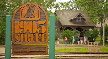 Fort Edmonton Park which includes signage, a park and a house