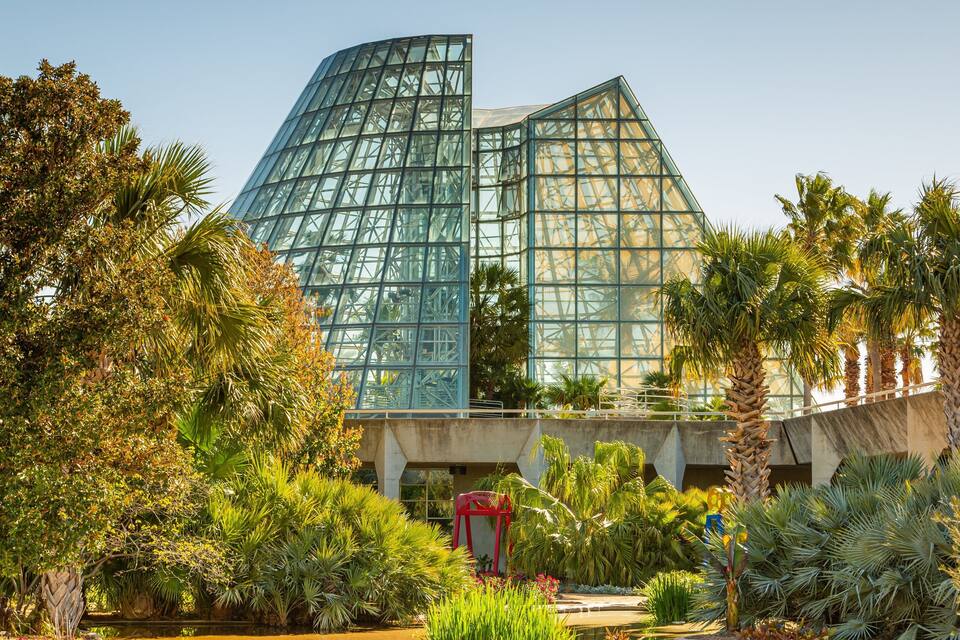 Un edificio moderno de vidrio con un diseño geométrico único, rodeado de exuberante vegetación tropical.
