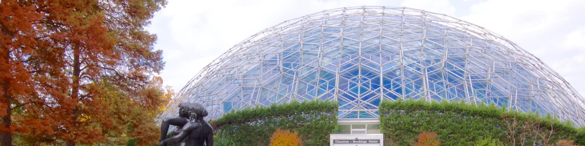 Missouri Botanical Gardens and Arboretum mostrando arquitectura moderna, una estatua o escultura y hojas de otoño