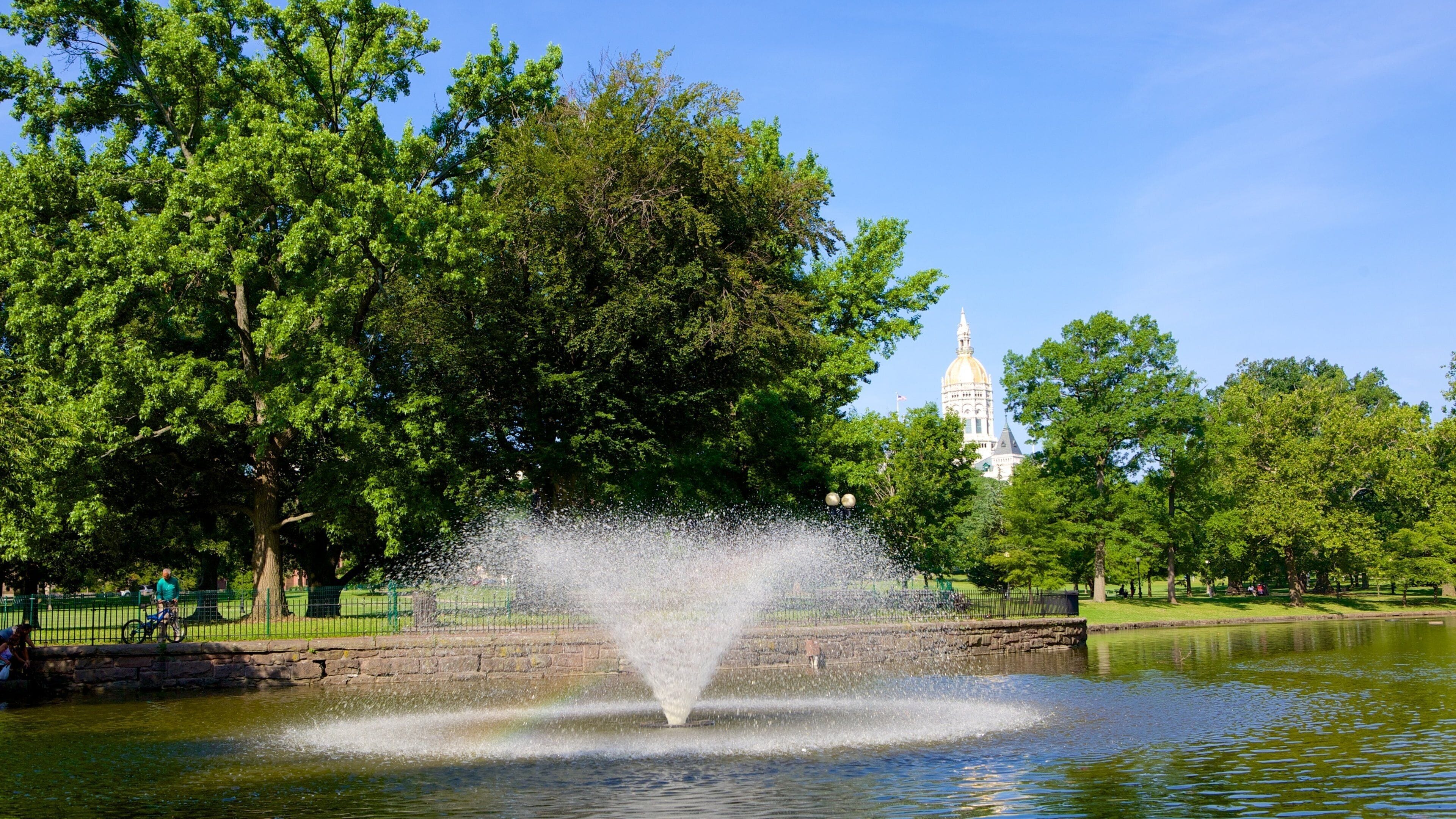 Bushnell Park featuring a pond, a fountain and a park