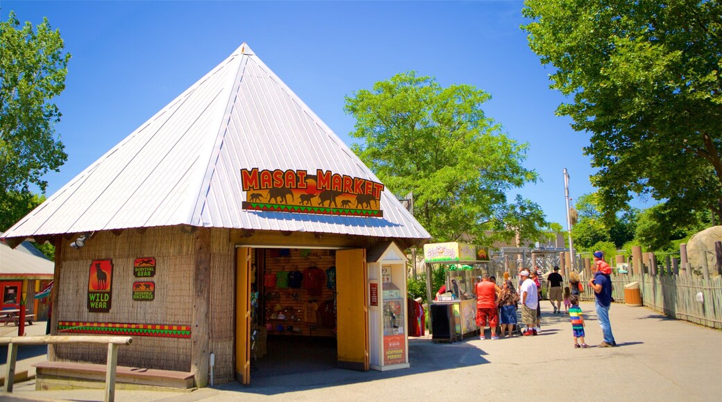 Roger Williams Park Zoo which includes zoo animals and signage as well as a small group of people