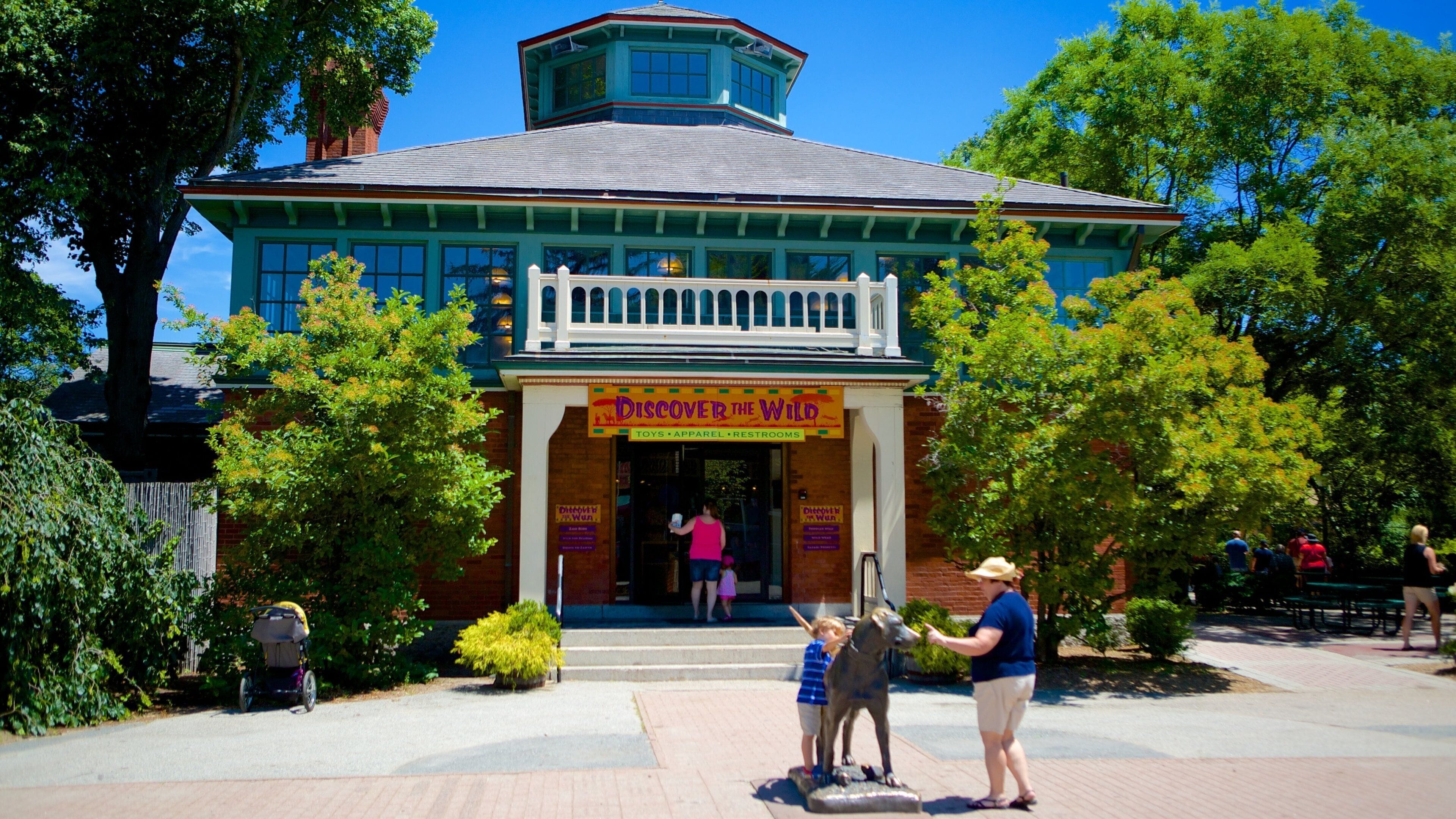 A building with a sign reading "Discover the Wild" and a dog statue in front.