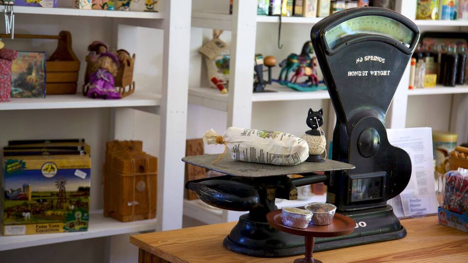 A vintage scale with a cat figurine and a package on it, set on a wooden table in a room with shelves containing various items.