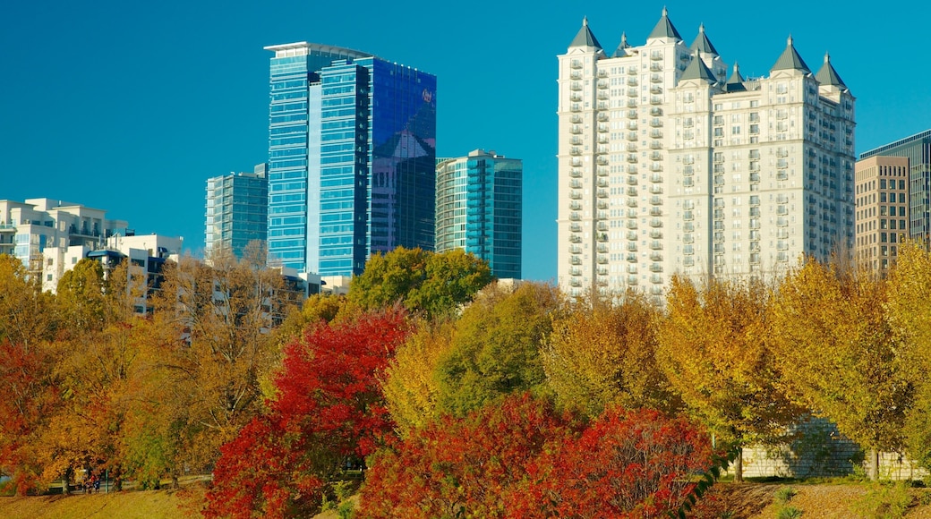 Piedmont Park showing a city, a skyscraper and landscape views
