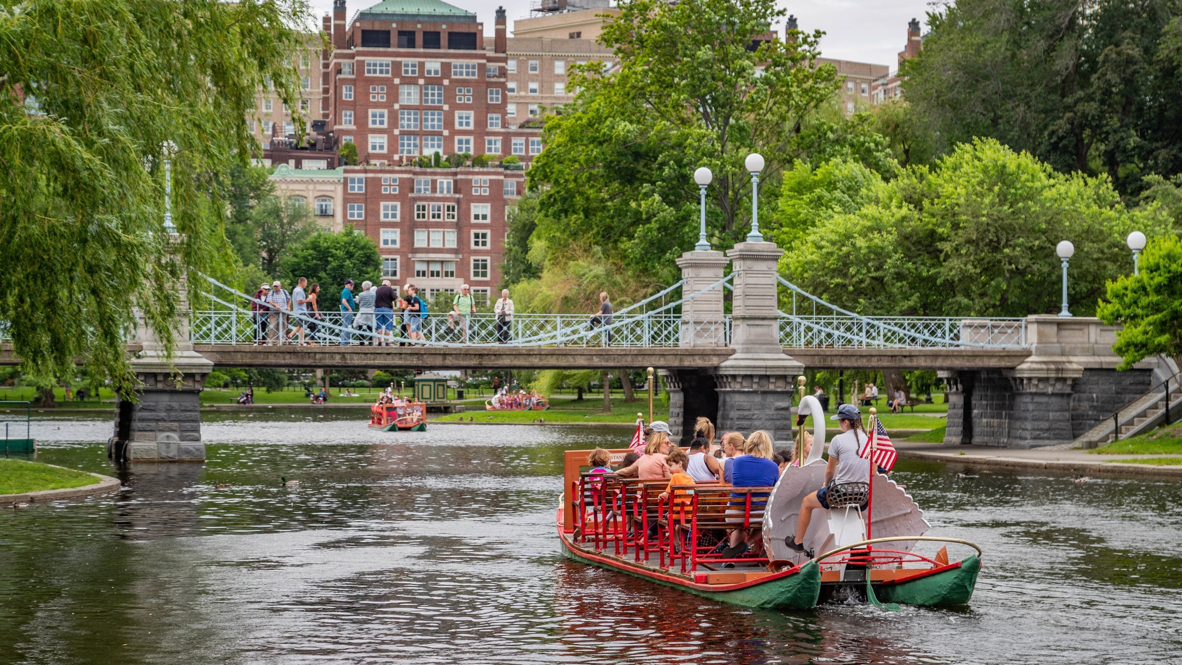 Boston Public Garden showing a bridge, boating and a river or creek