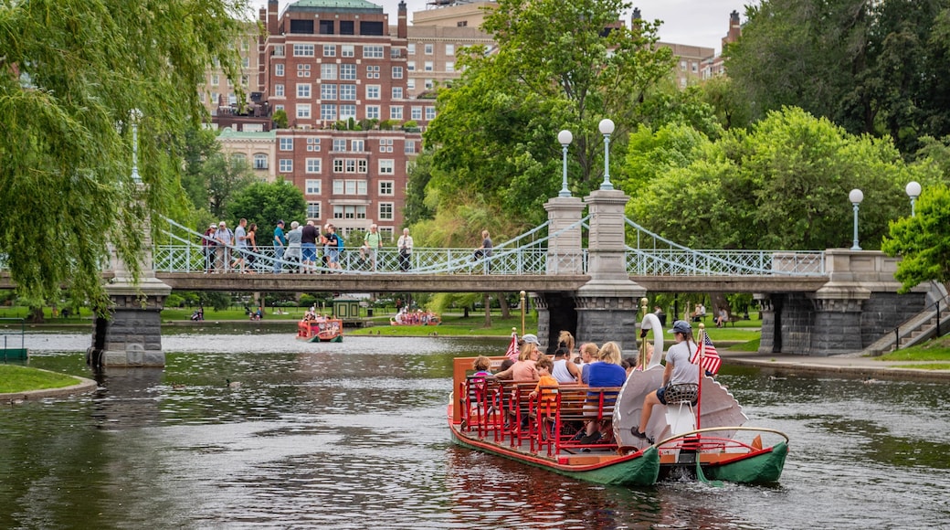 Boston Public Garden showing a bridge, boating and a river or creek