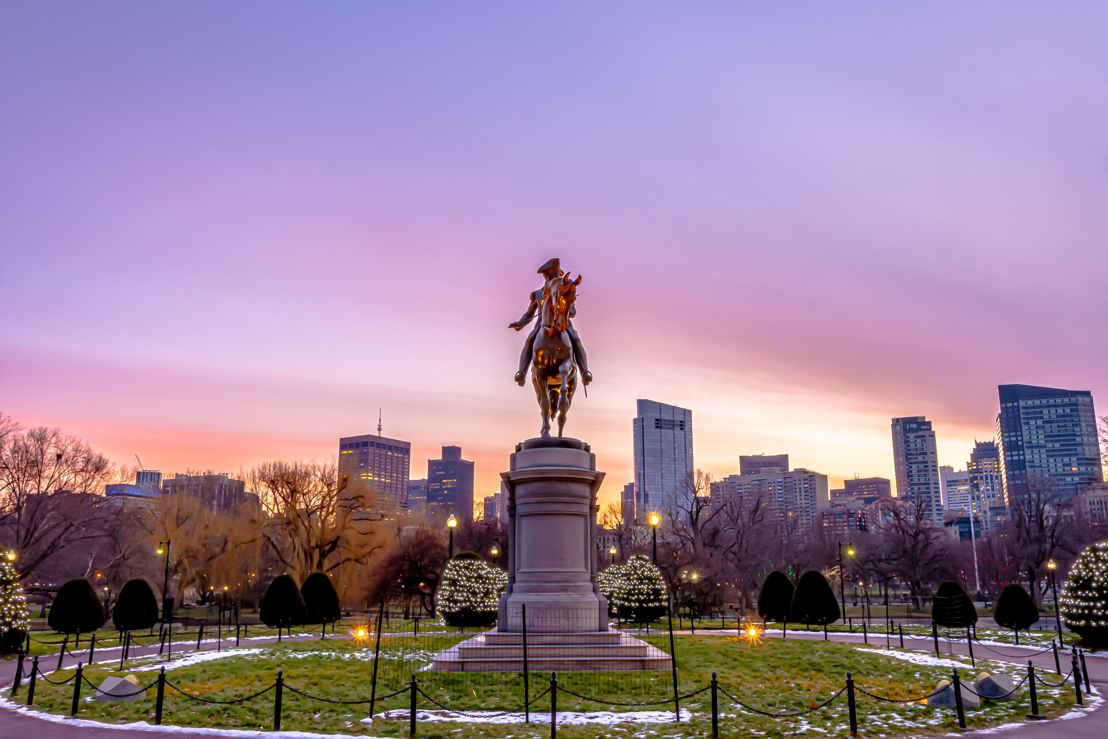 Equestrian statue of George Washington is installed in Boston's Public Garden, in the U.S. state of Massachusetts ,at dawn.