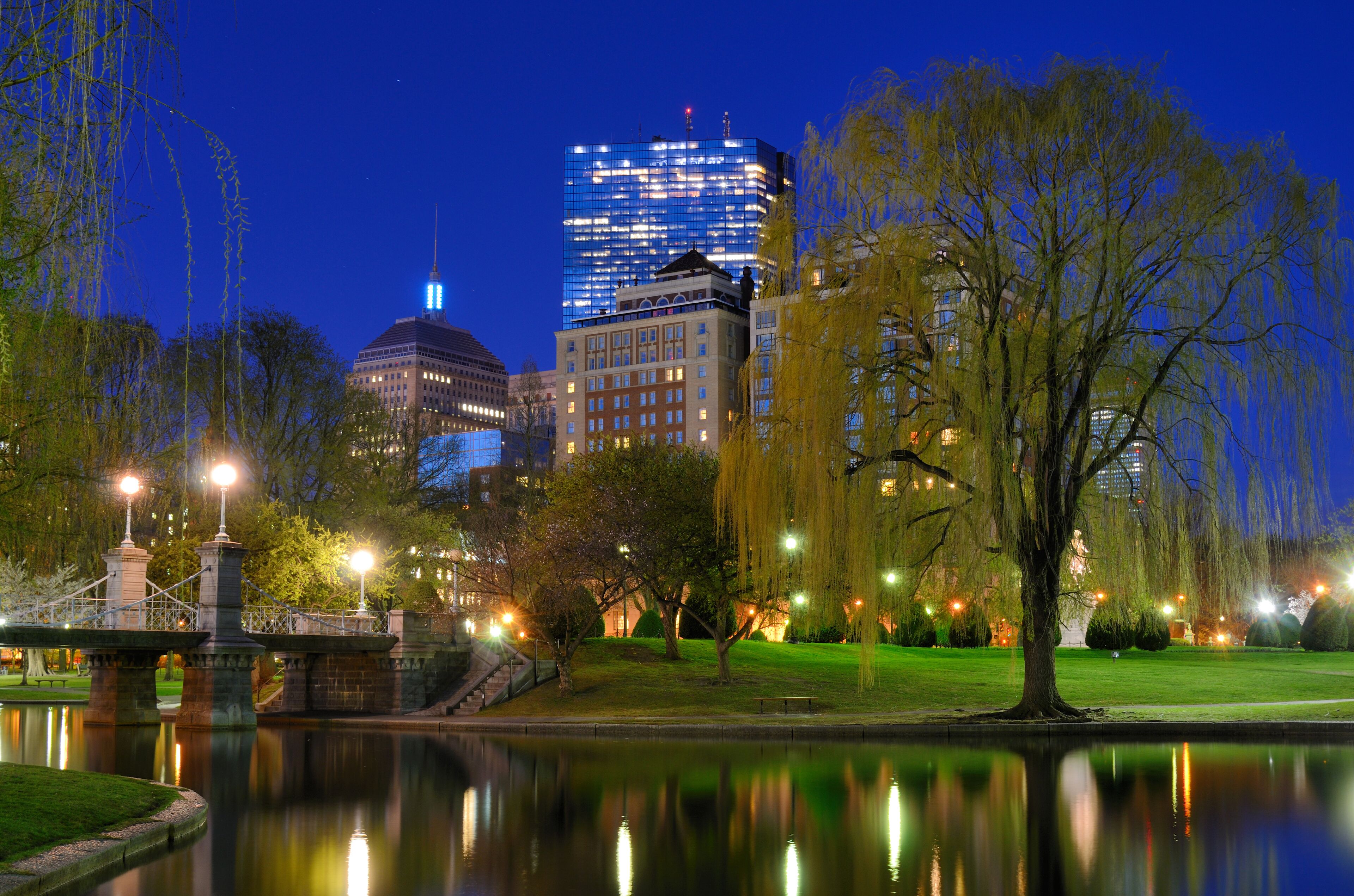 Lagoon Bridge and skyline of Boston, Massachusetts from the Boston Public Gardens