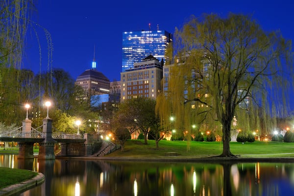 Lagoon Bridge and skyline of Boston, Massachusetts from the Boston Public Gardens